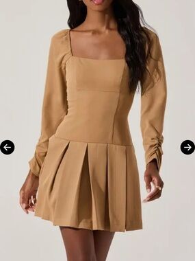 Astr Square Neck Pleated Mini Dress - Camel